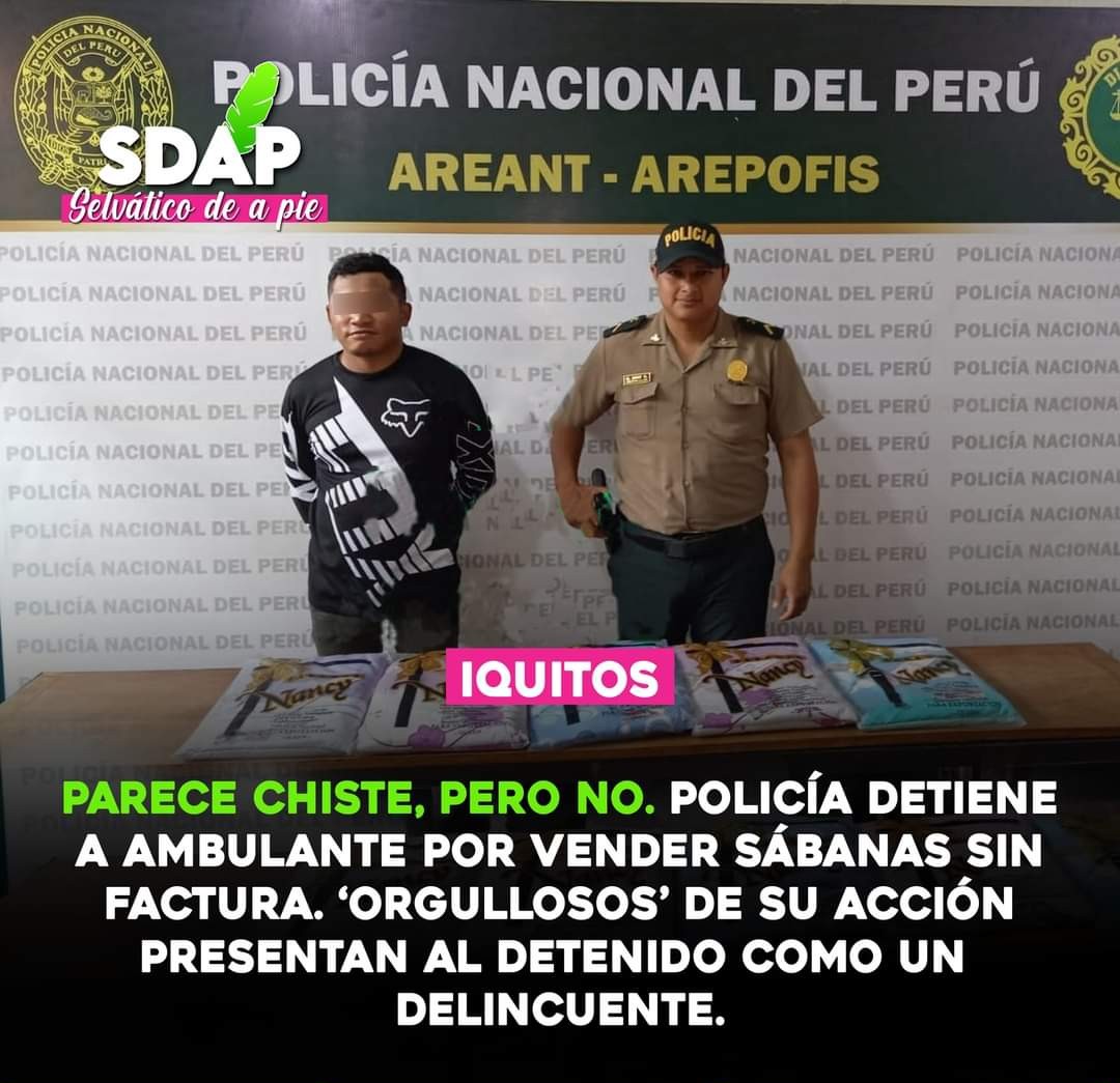 MiliAmasifuen's tweet photo. POLICÍA DETIENE A AMBULANTE POR VENDER SÁBANAS SIN FACTURA. ORGULLOSOS DE SU "ACCIÓN" PRESENTAN AL DETENIDO COMO UN DELINCUENTE.

Te imaginas estar vendiendo sábanas por las calles y que la Policía Nacional te detenga para que te presente como un delincuente ➡️ https://t.co/iH72qmflkO