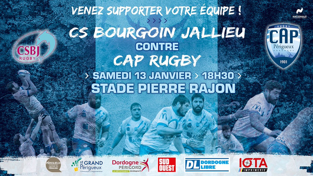 🏉 BOURGOIN - CAP 🏉
Nouveau match à l'extérieur ce samedi pour nos capistes !      
Déplacement à #Bourgoin pour cette 15ème journée de championnat      
Samedi 13 janvier      
Stade Pierre Rajon   
Coup d'envoi à 18h30        
#Gocap #Rugby #Nat1 #Perigueux #Dordogne