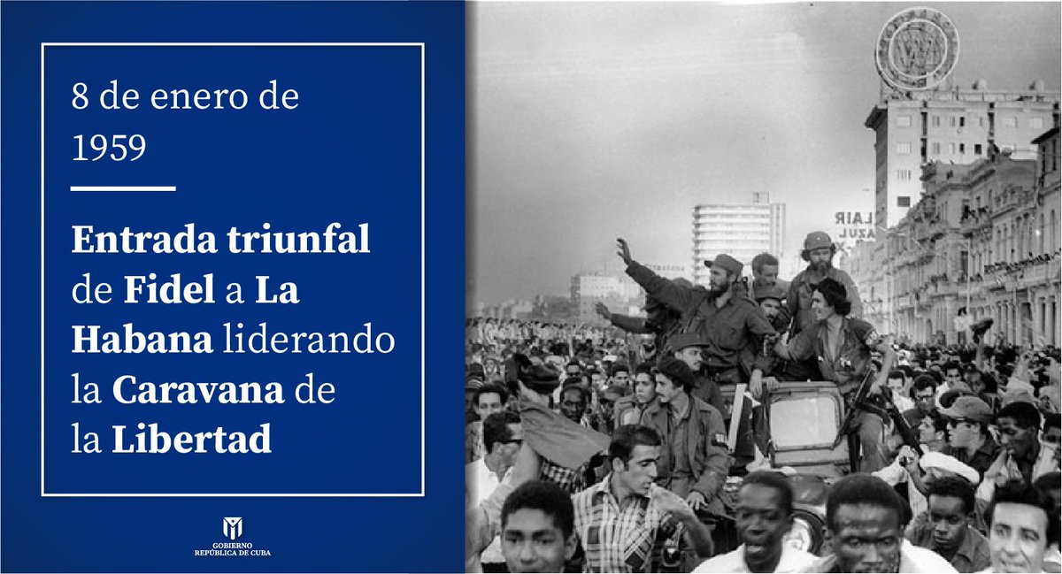 Aquel histórico 8 de enero de 1959, tras un largo recorrido desde Santiago de #Cuba, la Caravana de la Libertad, liderada por el Comandante en Jefe #Fidel, llegó a La Habana. A su paso fue recibida por un mar de pueblo, agradecido, celebrando el triunfo de nuestra Revolución.