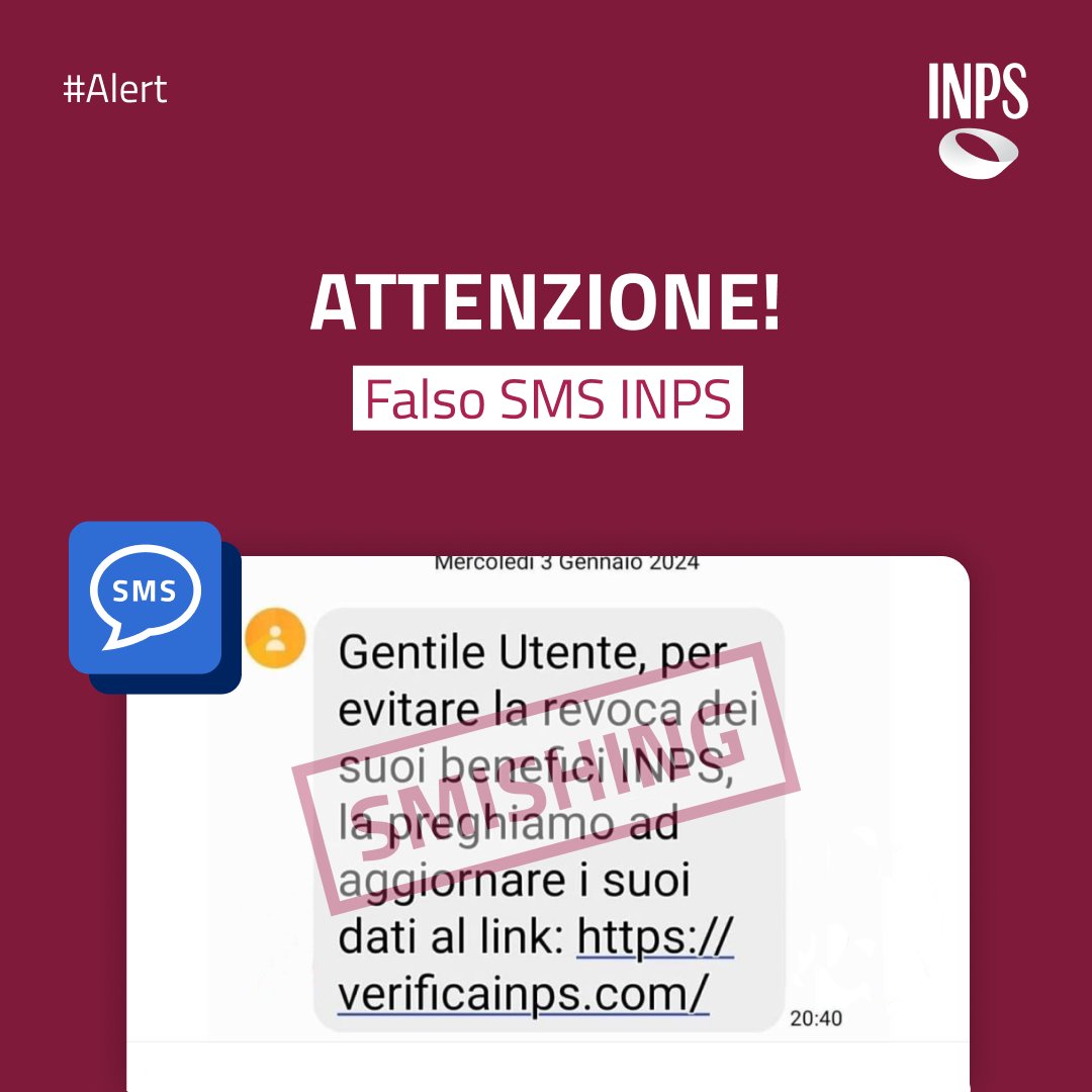 ⚠️ #Attenzione Sono stati segnalati all'Istituto #SMS provenienti da un falso mittente #INPS.
Non cliccare sul link e non fornire dati!
#InpsComunica #Alert #Smishing #AttentialleTruffe