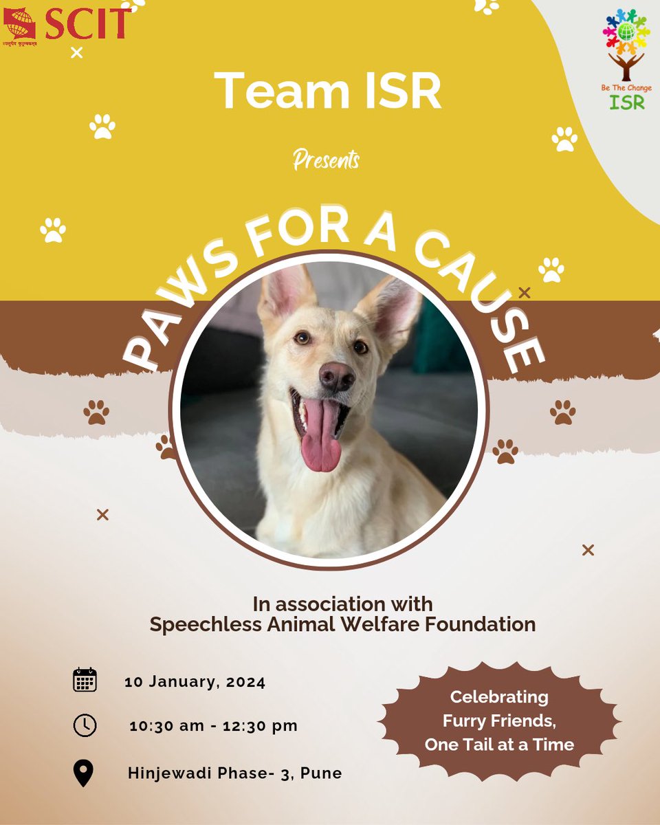 scitisr's tweet photo. πΎ Join us in making a difference for our furry friends! π ISR Committee is thrilled to raise awareness for animal welfare. Save the date 10/01/24 for our upcoming campaign 'PAWS FOR A CAUSE' at Hinjewadi. Let's unite for a paw-sitive cause! ππ #AnimalWelfare #ISRCommittee https://t.co/RyjHQJrYIO