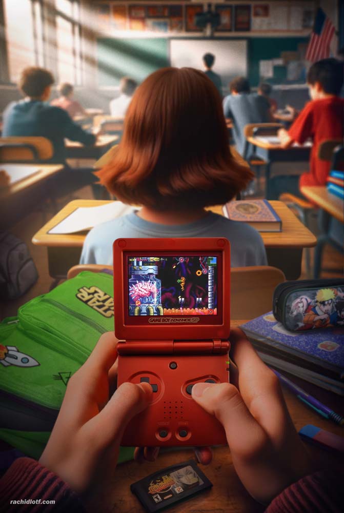 RachidLotf's tweet photo. This artwork is a tribute to the rebels, and the discreet gamers of the classroom—the ones who knew that sometimes, the best lessons were learned in the palms of our hands. 📷
Course, Print, Commissions: https://t.co/czn2rhwyrY
#90s #2000s #GameBoySP #retrogaming #nintendo https://t.co/1e2nkjJo9h