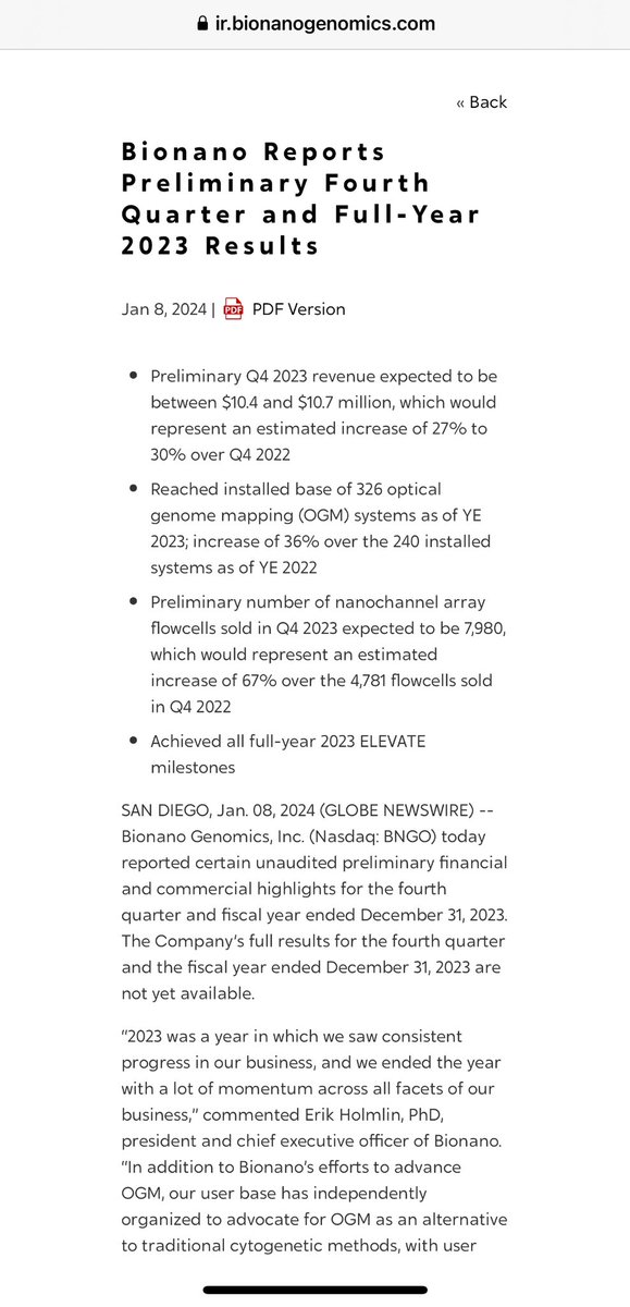 ciscojmd's tweet photo. $BNGO 📣🔥PR NEWS DROP: Bionano Reports Preliminary Fourth Quarter and Full-Year 2023 Results #BNGO #Bionano #OGM #SaveLivesNotPockets
SAN DIEGO, Jan. 08, 2024 (GLOBE NEWSWIRE) -- Bionano Genomics, Inc. (Nasdaq: BNGO) today reported certain unaudited preliminary financial and commercial highlights for the fourth quarter and fiscal year ended December 31, 2023. The Company’s full results for the fourth quarter and the fiscal year ended December 31, 2023 are not yet available.
https://t.co/QKj3gXUVBu