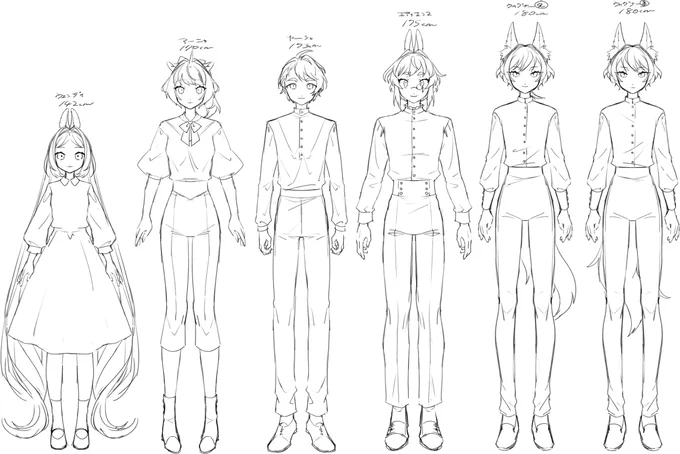 自分用のメモとしてキャラの身長差描いたけど、身長高めのキャラが好きというヘキを再認識させられただけになった(耳は含まない) 
