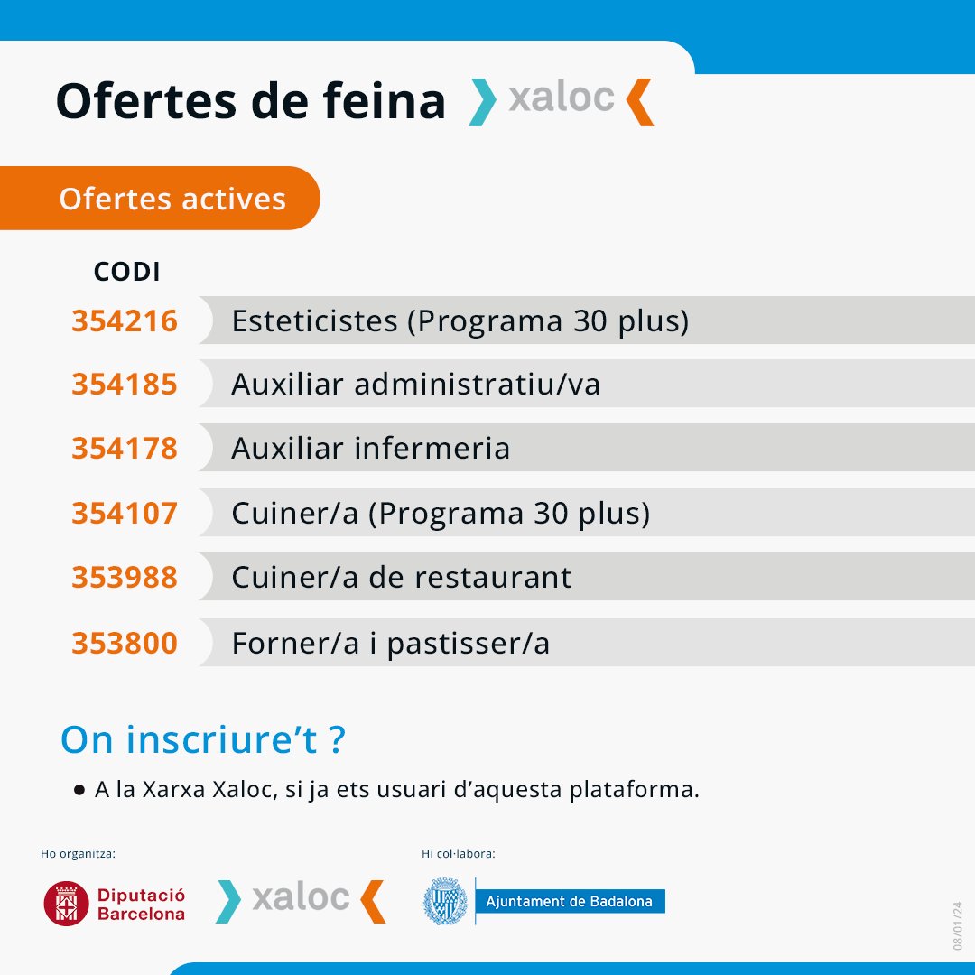 IMPOBdn's tweet photo. 📢Com cada dilluns, us portem noves ofertes de feina que podeu trobar a la Xarxa Xaloc. Si estàs cercant feina no perdis l’oportunitat!
➡️Accedeix a les ofertes mitjançant el següent enllaç i introdueix el codi de l’oferta per cercar-la:
https://t.co/53CuvIWaKq
#ofertesfeina https://t.co/DidfFYupI2