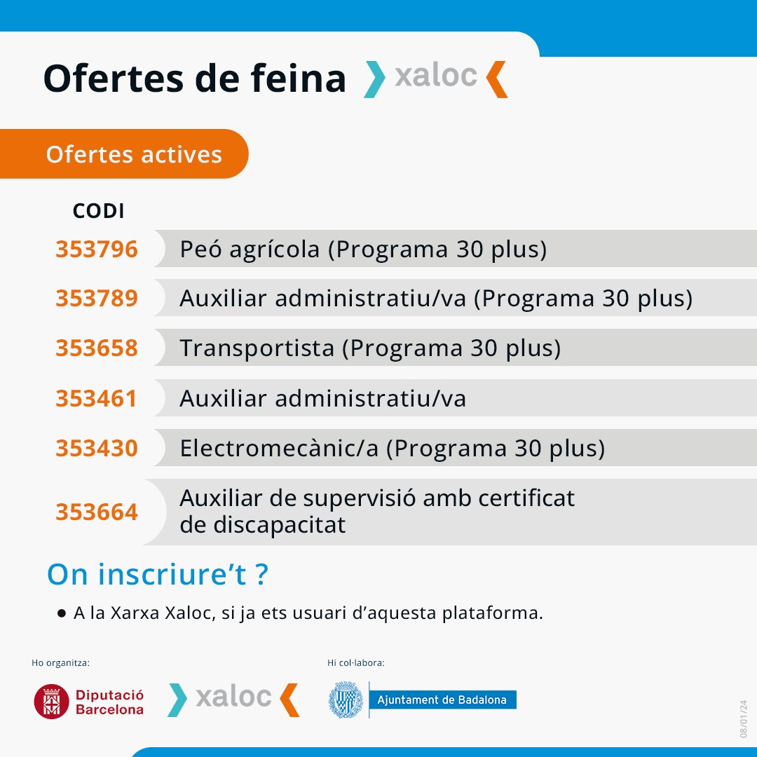 IMPOBdn's tweet photo. 📢Com cada dilluns, us portem noves ofertes de feina que podeu trobar a la Xarxa Xaloc. Si estàs cercant feina no perdis l’oportunitat!
➡️Accedeix a les ofertes mitjançant el següent enllaç i introdueix el codi de l’oferta per cercar-la:
https://t.co/53CuvIWaKq
#ofertesfeina https://t.co/DidfFYupI2