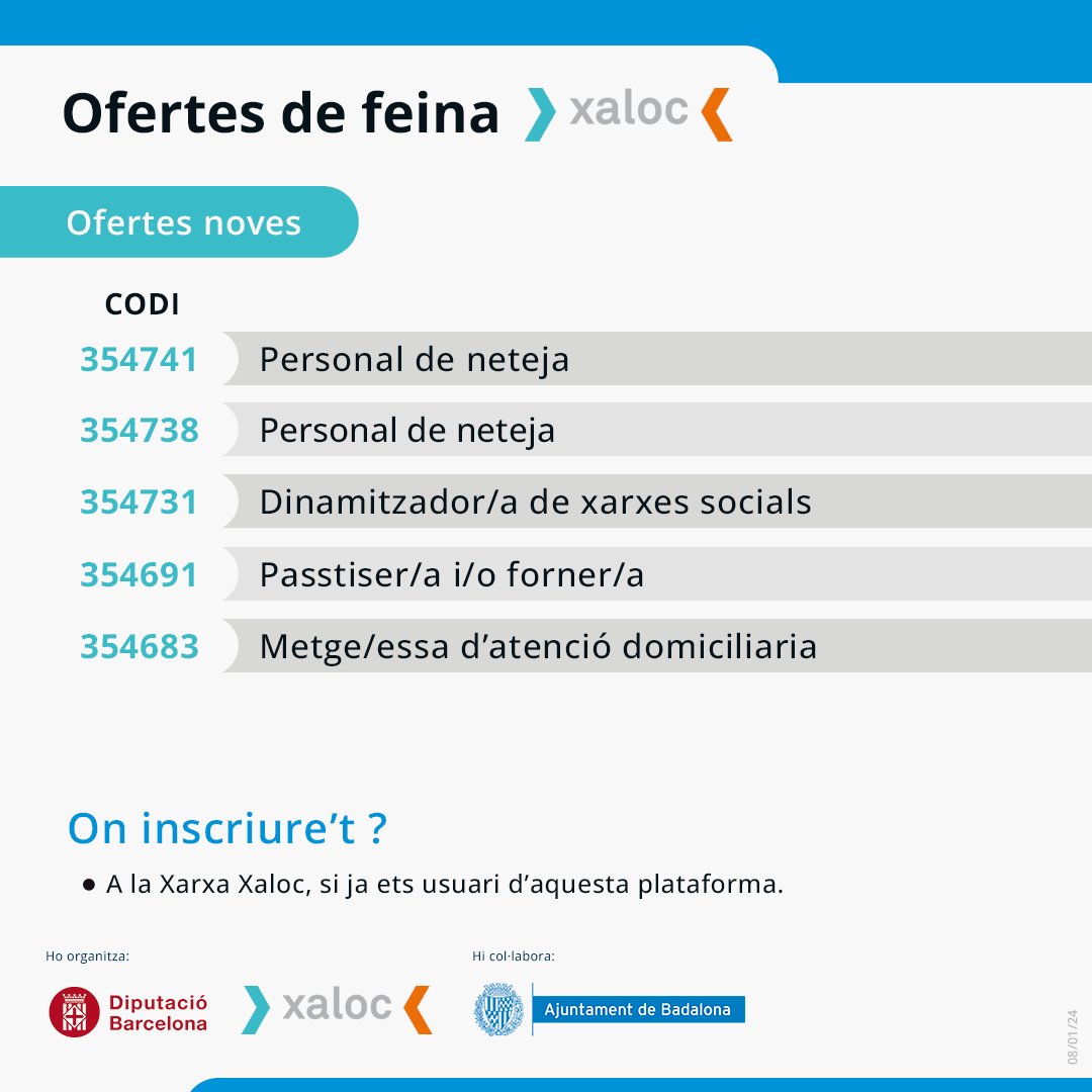 IMPOBdn's tweet photo. 📢Com cada dilluns, us portem noves ofertes de feina que podeu trobar a la Xarxa Xaloc. Si estàs cercant feina no perdis l’oportunitat!
➡️Accedeix a les ofertes mitjançant el següent enllaç i introdueix el codi de l’oferta per cercar-la:
https://t.co/53CuvIWaKq
#ofertesfeina https://t.co/DidfFYupI2