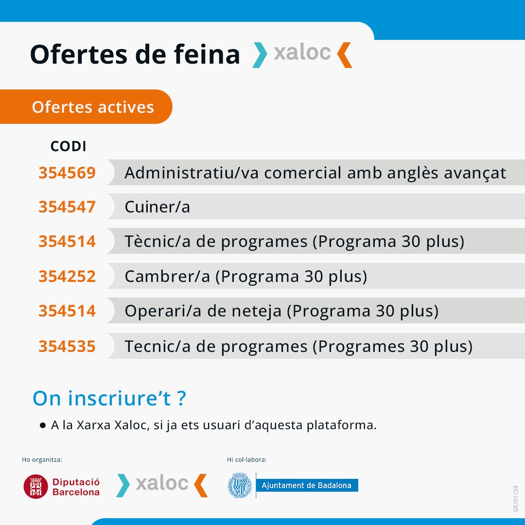 IMPOBdn's tweet photo. 📢Com cada dilluns, us portem noves ofertes de feina que podeu trobar a la Xarxa Xaloc. Si estàs cercant feina no perdis l’oportunitat!
➡️Accedeix a les ofertes mitjançant el següent enllaç i introdueix el codi de l’oferta per cercar-la:
https://t.co/53CuvIWaKq
#ofertesfeina https://t.co/DidfFYupI2