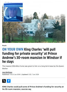 nomoremonarchs's tweet photo. Instead of forcing his brother Andrew to testify under oath to the FBI, 'king' Charles Windsor is using financial leverage to force Andrew out of his home so 'prince' William can get a 5th mansion.
#royalvalues #ThatFamily #PrinceAndrew #NotMyKing #NotMyPrince #AbolishTheMonarchy https://t.co/fOh509Lqqh
