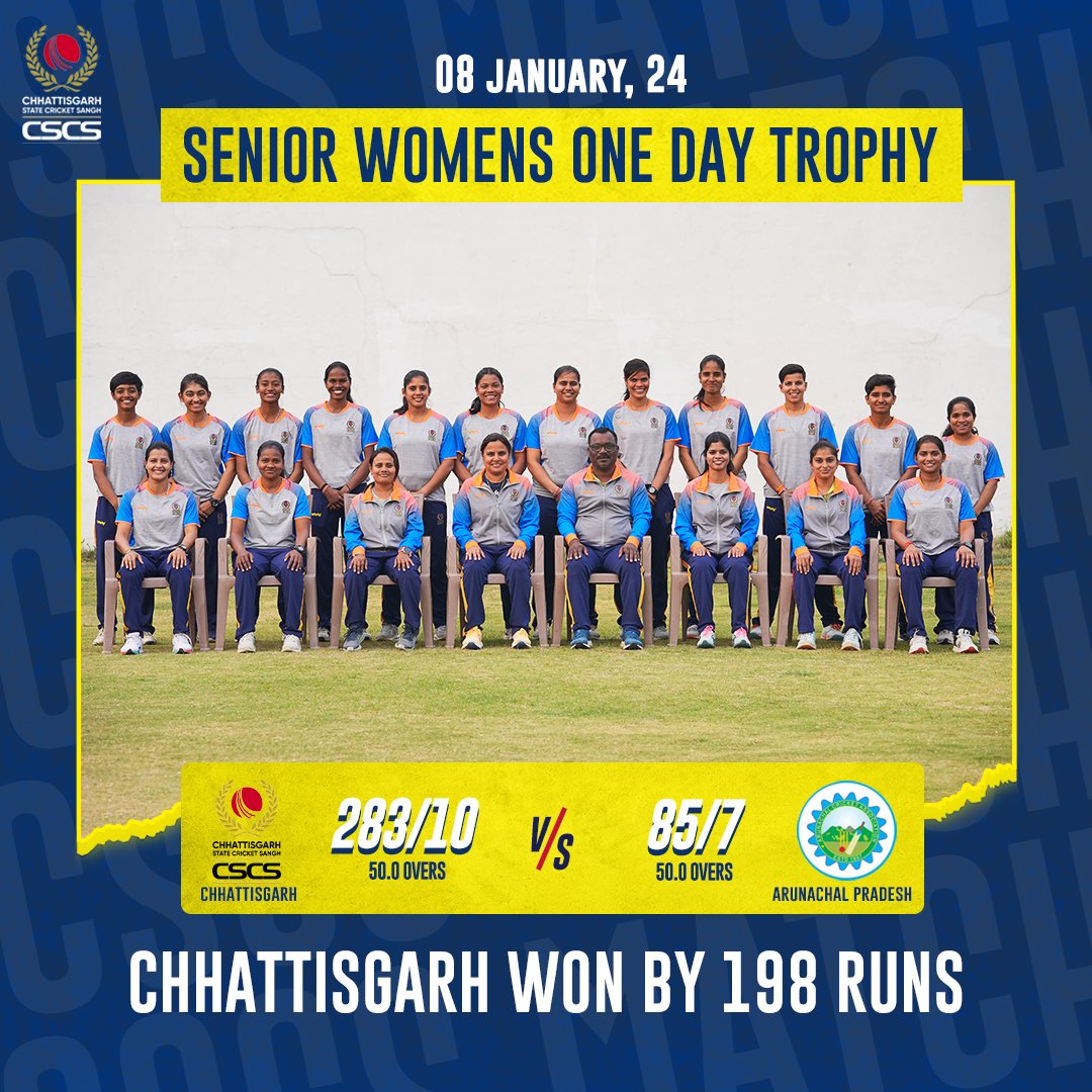 CricketCSCS's tweet photo. #TeamCSCS emerges triumphant in the #SeniorWomensOneDayTrophy against Arunachal Pradesh, clinching a resounding win by 198 runs!
#BCCIDomestic #WomensCricket #SeniorWomensTeam #OneDaytournament #OneDayCricket #OneDayTrophy #TeamCSCS #GoTeamCG #crickettournament #cricketcscs https://t.co/RXBJzZVqRT