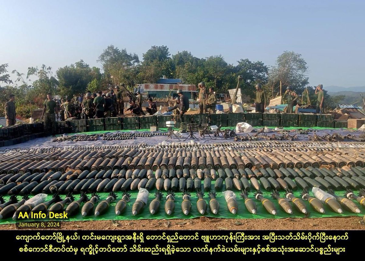 FreeKachin's tweet photo. Arakan army captured Taung-Shay RMC base in Kyaukdaw, Arakan.  One of the largest weapons seized in Burma’s western borderlands. https://t.co/FhhvFRKl9o