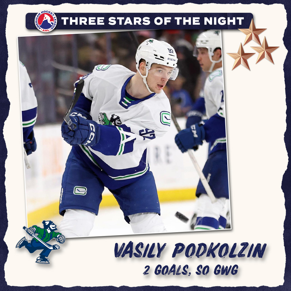 TheAHL's tweet photo. Sunday’s AHL Three Stars of the Night ⤵️

⭐️ Joe Carroll @SyracuseCrunch   
⭐️⭐️ Ruslan Iskhakov @AHLIslanders 
⭐️⭐️⭐️ Vasily Podkolzin @abbycanucks https://t.co/aZOYFkymzU