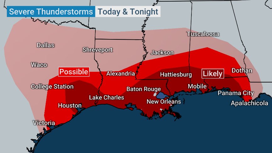CharlesPeekWX's tweet photo. The severe risk for today with the severe side of Winter Storm #Finn has been upgraded again to include a #Torcon of 5 back to the west to include all of S. LA and SE TX. Stay tuned to @weatherchannel for the latest with teams all across the risk areas. https://t.co/yHaIkjbwDm
