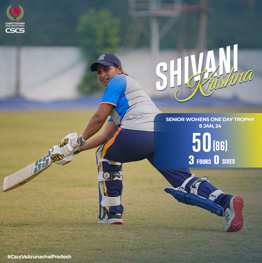 CricketCSCS's tweet photo. In the #SeniorWomensOneDayTrophy clash against Arunachal Pradesh, our skipper Shivani Krishna leads from the front, crafting a captaincy half-century with a dazzling 50 runs!
#BCCIDomestic #WomensCricket #SeniorWomensTeam #OneDaytournament #OneDayCricket #OneDayTrophy #TeamCSCS https://t.co/rT4Rxmx6Y8