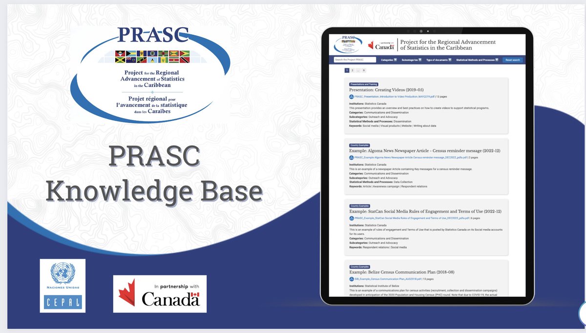 BibliotecaCEPAL's tweet image. 📊 @eclac_un, #BibliotecaCEPAL &amp;amp; partners present the PRASC project, an initiative aimed at enhancing statistical capacity-building in the #Caribbean, funded by Canada. To access the resources, visit the Digital Repository.
repositorio.cepal.org/server/prasc/p…
#Data4Change