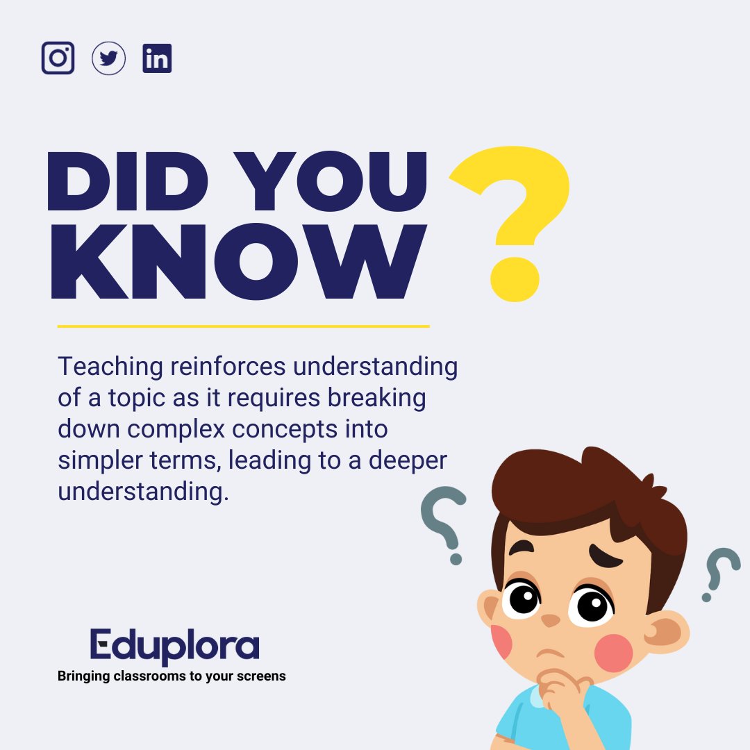 Did you know? Teaching reinforces learning. Share a concept you've learned recently as if you were explaining it to a friend.

#teachtolearn #eduplora #onlinelearning #elearning