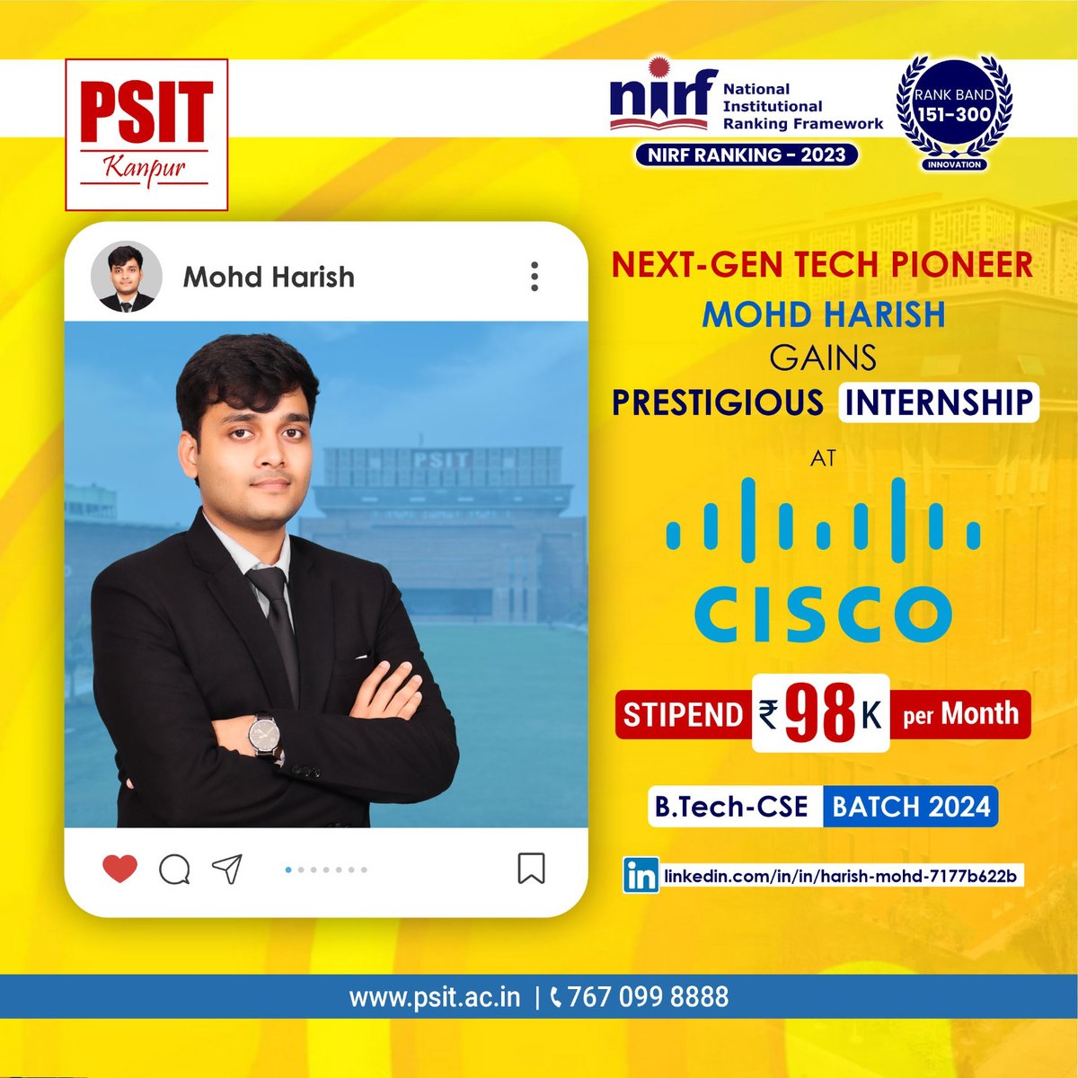 PSITKanpur2004's tweet image. We applaud Harish Mohd, B.Tech-CSE (Batch 2024), on his prestigious internship at Cisco with a fantastic Rs.98K stipend per month.

#BestInternships #incredibleinternships #batch2024 #EraOfAchievers #PSITLegacy #Student #Success #cisco #btech #aktu #PSITKanpur