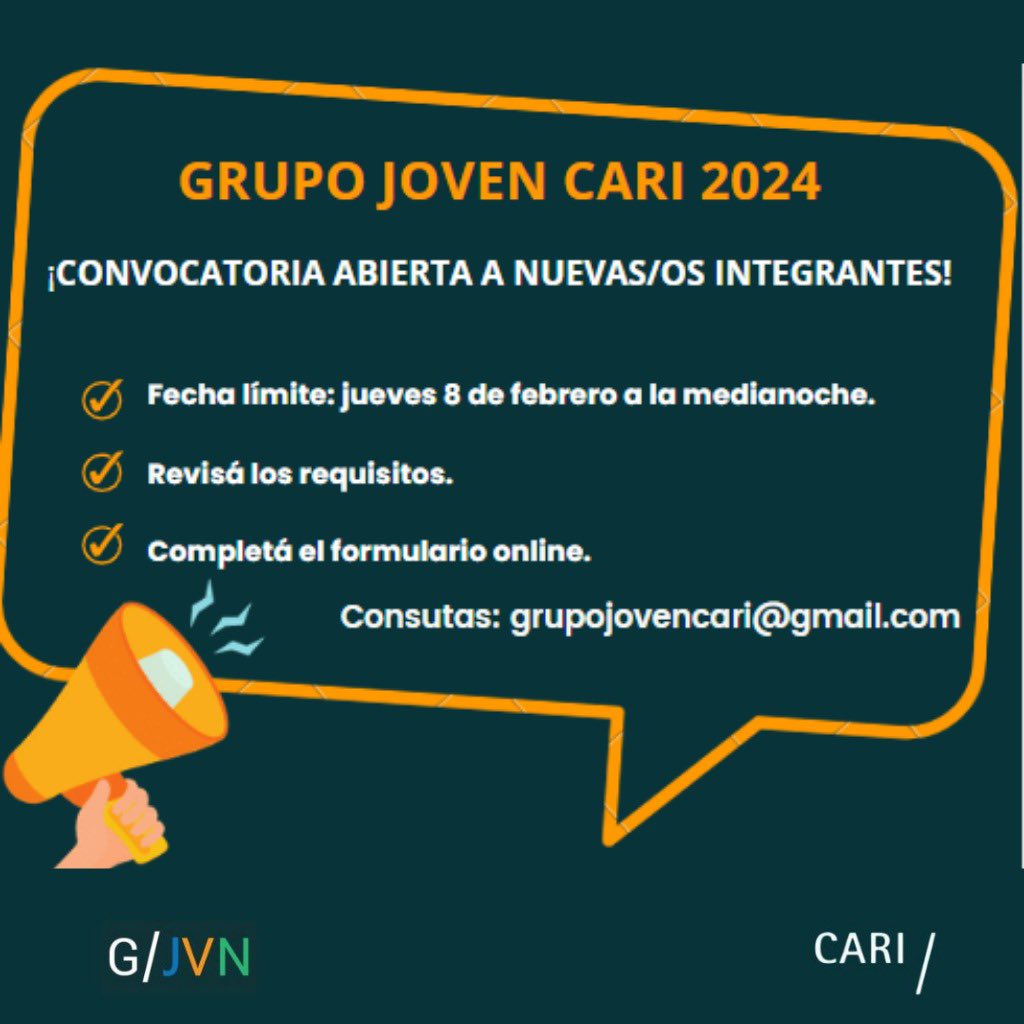 ¿Querés ser miembro del Grupo Joven del <a href="/CARIconsejo/">CARI</a> ? 🌎 

¡Abrimos la convocatoria 2024!

💻 Compartimos el formulario de inscripción online: forms.gle/zFuZGvgQNa63fY…