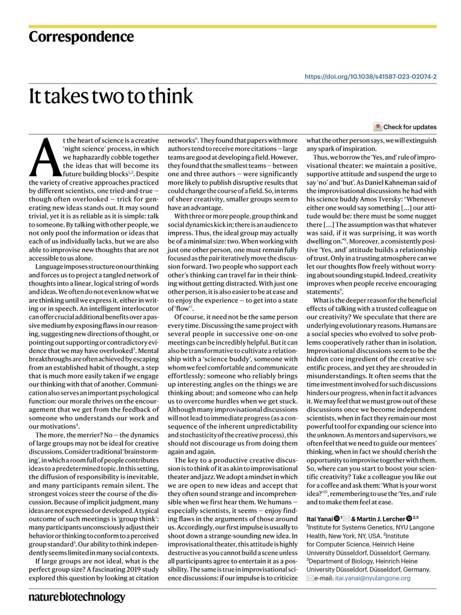Out today in @NatureBiotech! PhD students & postdocs: there's a trick – overlooked and underused – for having new ideas in the creative process. Talk science 1 on 1 with a science buddy that you trust and think of it as an improvisation. nature.com/articles/s4158…… @MartinJLercher