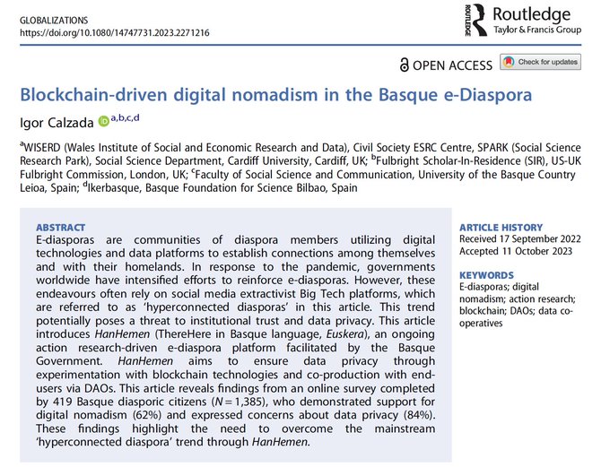 @GlobalizationsJ article examines how e-#Diaspora #DigitalNomadism of #BasqueCountry could be implemented via #ActionResearch #Blockchain #DAOs #DataCooperatives #DecentralizedTechnologies overcoming #DataPrivacy #DataExtractivism

👉tandfonline.com/doi/full/10.10… #OpenAccess #HanHemen