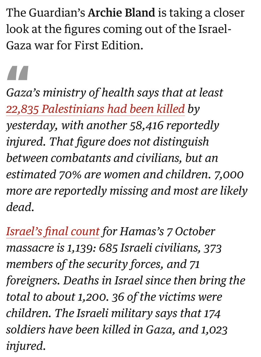 MassiveAttackUK's tweet photo. A serious question of journalistic impartiality > @archiebland 

685 Israeli civilians = ‘massacre’ 

15,984 Palestinian civilians = ‘killed’ 

(70% women &amp; children / + 7,000 ‘unknown/most likely dead’)

https://t.co/9ZVnSuio1k… https://t.co/eCQt16PfE1