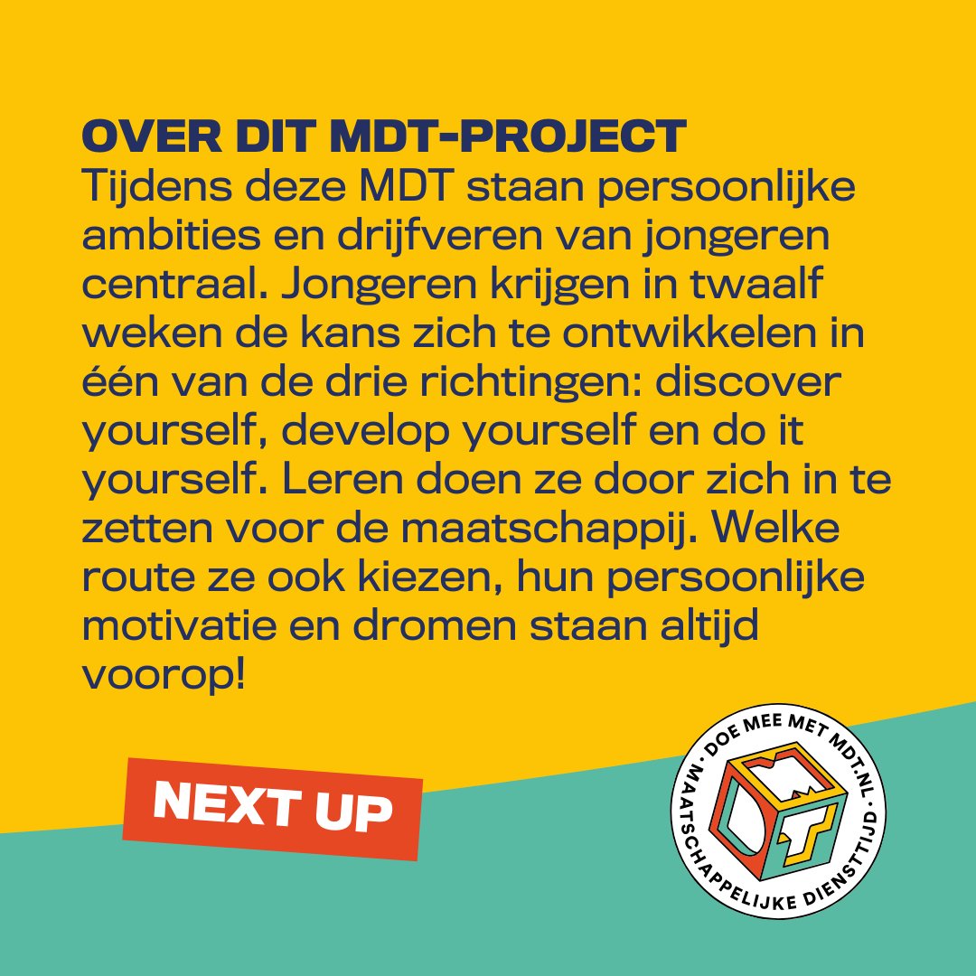 Bij #MDT-project #NextUp krijgen jongeren in twaalf weken de kans om talenten te ontdekken, vaardigheden te ontwikkelen of een gaaf idee uit te werken. Hier staan hun persoonlijke ambities en drijfveren centraal. Lees meer: doemeemetmdt.nl/projecten/next…