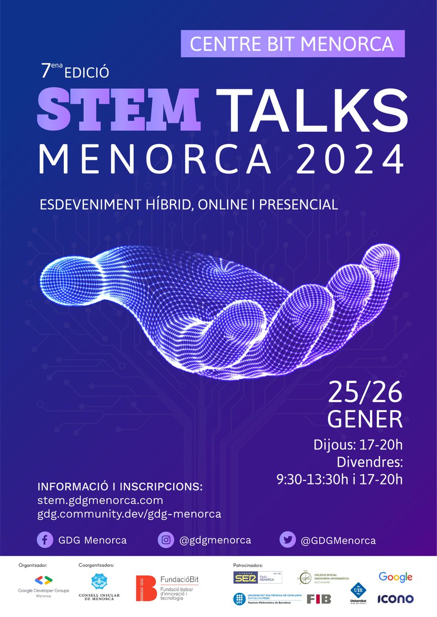 GDGMenorca's tweet photo. ¡Ha llegado el momento esperado de cada inicio de año!
Pasadas las fiestas nos espera... ¡El STEM Talks Menorca 2024!
os esperamos en su séptima edición donde siempre, cuando siempre... El 25 y 26 de enero en el Centre Bit Menorca
+info: https://t.co/jLHDMAsYlZ
#STEMTalksMNK https://t.co/KvKDjTHGUS
