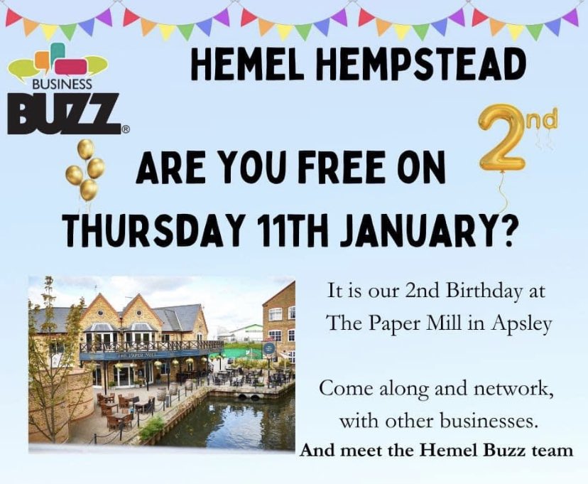 Join us this Thursday at Hemel Business Buzz for the start of this year’s networking. 
#hemelhempstead
<a href="/bizbuzzherts/">Business Buzz Hertfordshire</a> <a href="/PaperMillPub/">Paper Mill Apsley</a> <a href="/admin2day/">Janet Davies</a> <a href="/bobby_keer/">Bobby Keer</a> #networking #hertfordshire