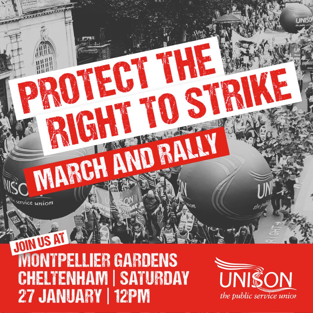 The Conservative government is restricting the right to strike for over five million UK workers. Under new laws they could be forced to go to work, or be sacked. We must defend the #RightToStrike at all costs. Join with unions @The_TUC 27 January actionnetwork.org/events/chelten…