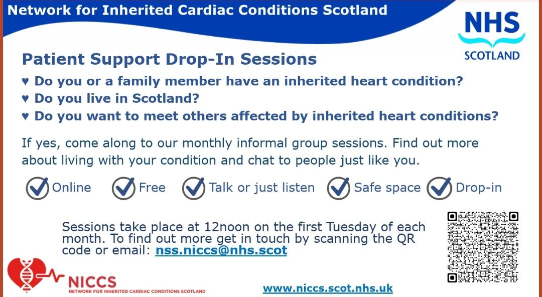 Catherine Labinjoh (@labinjohc) on Twitter photo The network for inherited cardiac conditions in Scotland hosts monthly drop in sessions for patients, families and carers. 12 noon on first Tuesday of the month. Come along to listen, chat, meet others.
More info from nss.niccs@nhs.scot The network for inherited cardiac conditions in Scotland hosts monthly drop in sessions for patients, families and carers. 12 noon on first Tuesday of the month. Come along to listen, chat, meet others.
More info from nss.niccs@nhs.scot