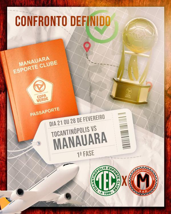 A estreia da #TropaDoRobô na Copa Verde será contra o Tocantinópolis (TO) pela primeira fase do torneio. O confronto deve acontecer no dia 21 ou 28 de fevereiro em partida única. 

Vamoooos! 🤖🟠⚫️

#ManauaraEC
#RobôDaAmazônia
#CopaVerde2024