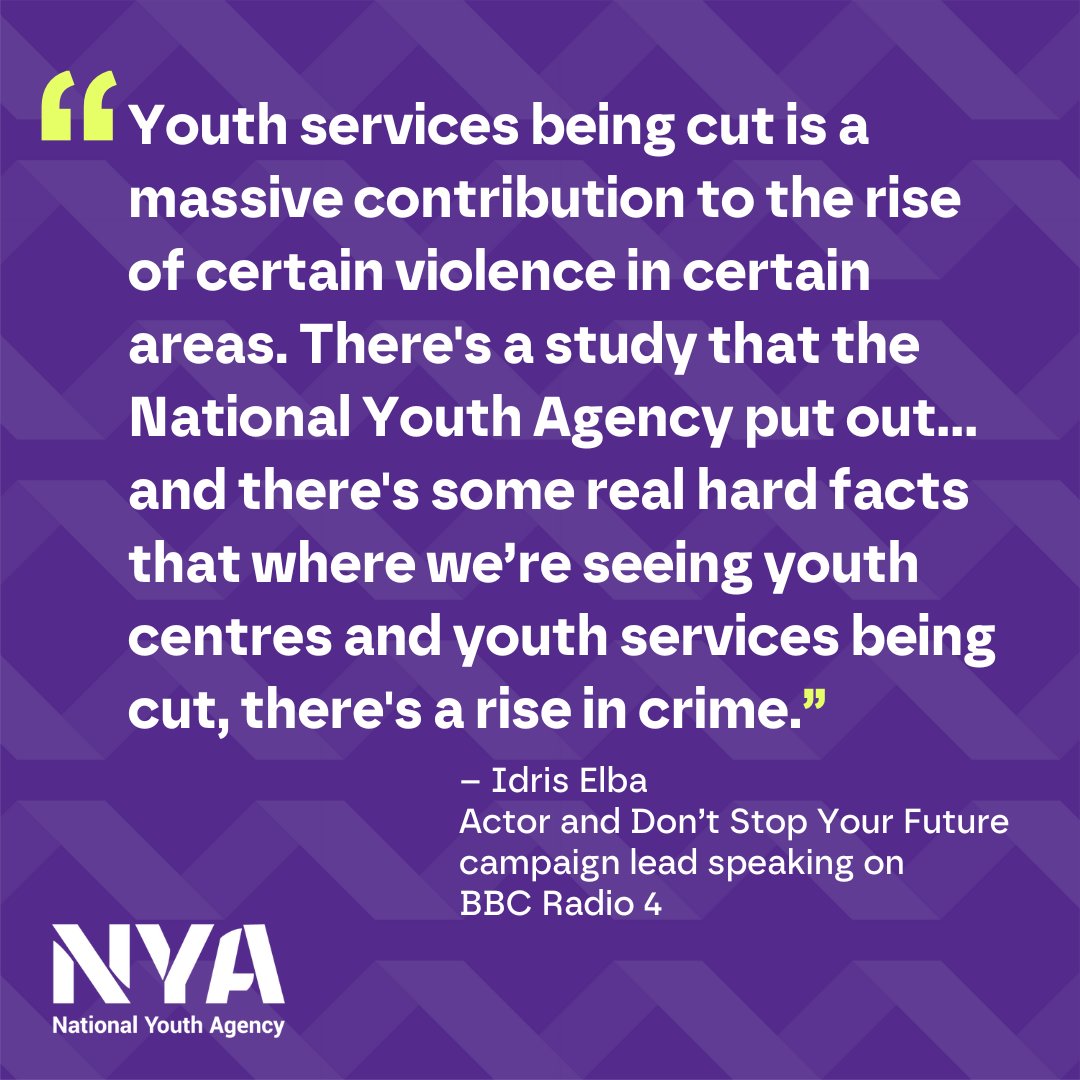 Actor @IdrisElba is calling on the government to put more investment into youth services to address youth violence, as part of the Don’t Stop Your Future campaign.
 
Listen to his interview on <a href="/BBCRadio4/">BBC Radio 4</a> Today at 2:14:00: bbc.co.uk/sounds/play/m0…
 
#YouthWork #DontStopYourFuture
