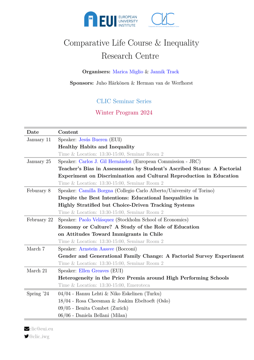 CLIC (@clic_iwg) on Twitter photo 📚Happy new year with fresh new CLIC seminars: The 2024 CLIC winter program is out! (with a teaser for the spring☀️)
Take a look at the program 👇
✉️clic@eui.eu to join the mailing list 📚Happy new year with fresh new CLIC seminars: The 2024 CLIC winter program is out! (with a teaser for the spring☀️)
Take a look at the program 👇
✉️clic@eui.eu to join the mailing list