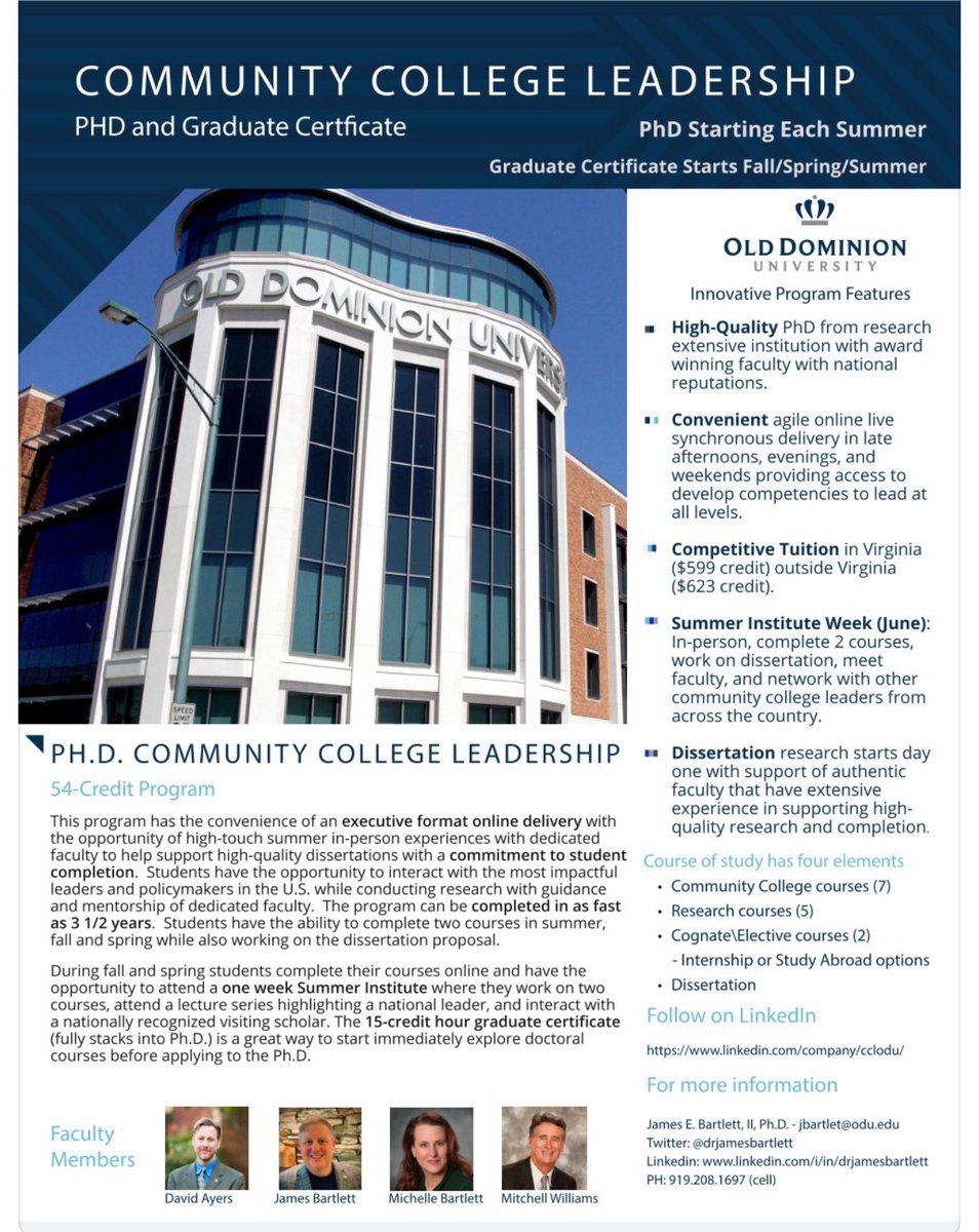 Apply now to come study with us & join the @ODU online #PhD & Grad Certificate in #CommunityCollege #Leadership. The #doctorate at Old Dominion University is fully online with a 1 week summer institute. Affordable tuition - VA residents ($599 per hr) & out-of-state ($623).…