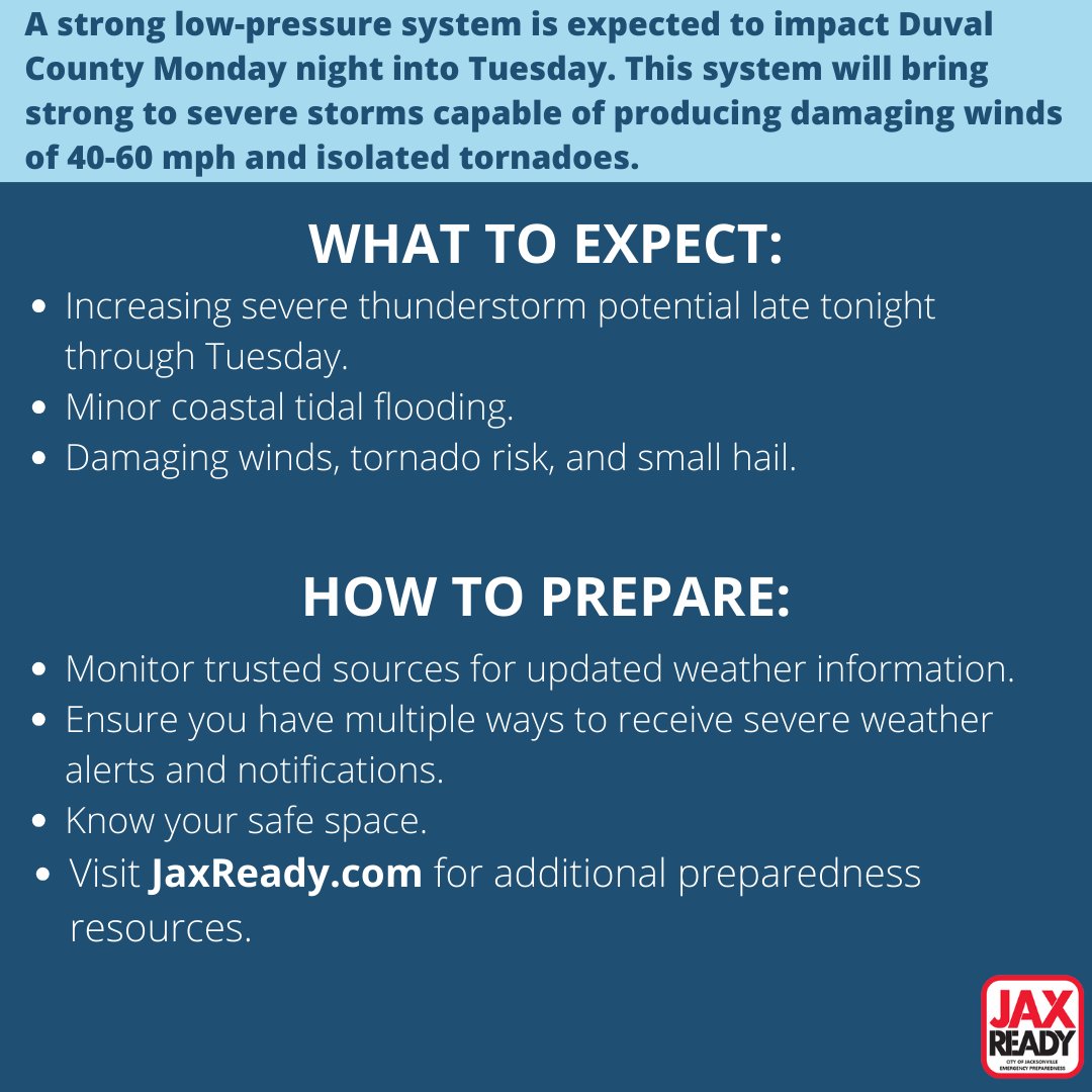 The Emergency Preparedness Division is monitoring a system that has the potential to bring significant weather to Duval County tonight through tomorrow. Please stay weather-aware and take precautions to ensure you are #JaxReady.