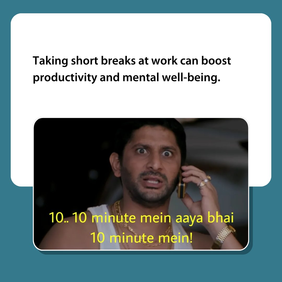 apollospectra's tweet photo. Feeling the work stress? Remember, even Munna Bhai took his 10..10 minute mein aaya bhai breaks! ⏰✨ Taking short breaks at work boosts productivity and keeps the mental health game strong.
#ApolloSpectra #WorkBreaks #MentalWellness #SimplifyingCareInHealthcare #WorkBreaks https://t.co/DDudu34SkR