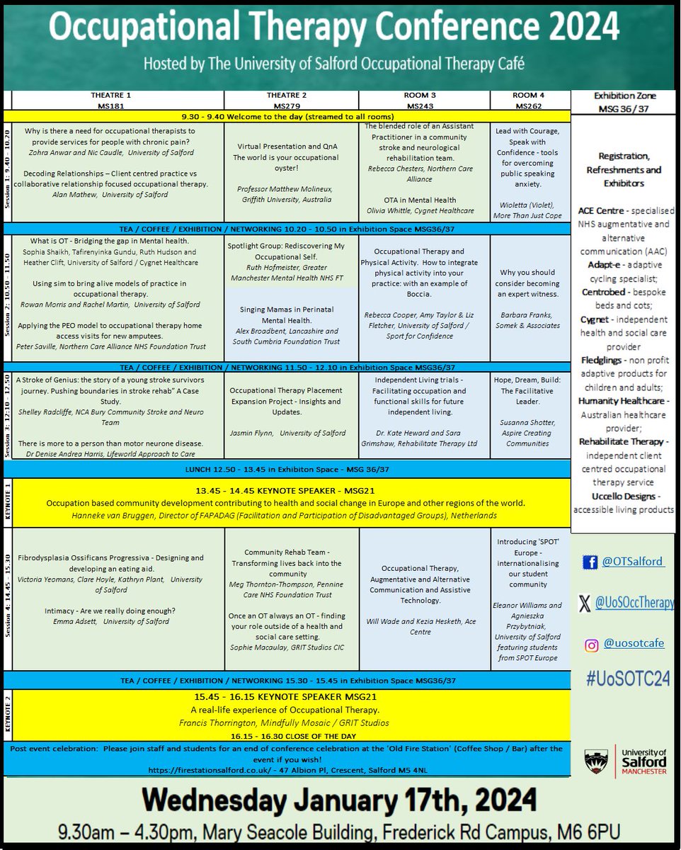 University of Salford Occupational Therapy (@uosocctherapy) on Twitter photo Come and listen to these speakers at our conference next week: <a href="/mmolineux/">Matthew Molineux</a>, <a href="/bchesters1/">Rebecca Chesters</a>, <a href="/_PeterSaville/">Peter Saville</a>, <a href="/RuthHL2/">Ruth Hudson OT</a>, <a href="/AlexBroadbent26/">Alex Broadbent</a>, <a href="/RuthHof/">Ruth Hofmeister</a>, <a href="/lizdry/">Liz Fletcher (she/her)</a>, @Susanna_OT_ACC, <a href="/PeopleWithGrit/">GRIT Studios CIC</a> alongside some of our very own staff and students
Book your ticket: bit.ly/UoSOTConferenc… Come and listen to these speakers at our conference next week: <a href="/mmolineux/">Matthew Molineux</a>, <a href="/bchesters1/">Rebecca Chesters</a>, <a href="/_PeterSaville/">Peter Saville</a>, <a href="/RuthHL2/">Ruth Hudson OT</a>, <a href="/AlexBroadbent26/">Alex Broadbent</a>, <a href="/RuthHof/">Ruth Hofmeister</a>, <a href="/lizdry/">Liz Fletcher (she/her)</a>, @Susanna_OT_ACC, <a href="/PeopleWithGrit/">GRIT Studios CIC</a> alongside some of our very own staff and students
Book your ticket: bit.ly/UoSOTConferenc…