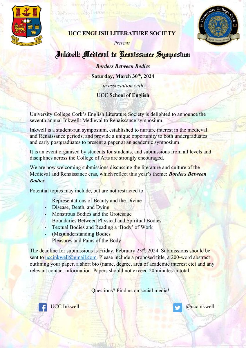 Inkwell CFP alert!🥳 

This year's  symposium will be taking place on Saturday, March 30th, 2024. Please see the following poster for submission information and abstract deadline!
