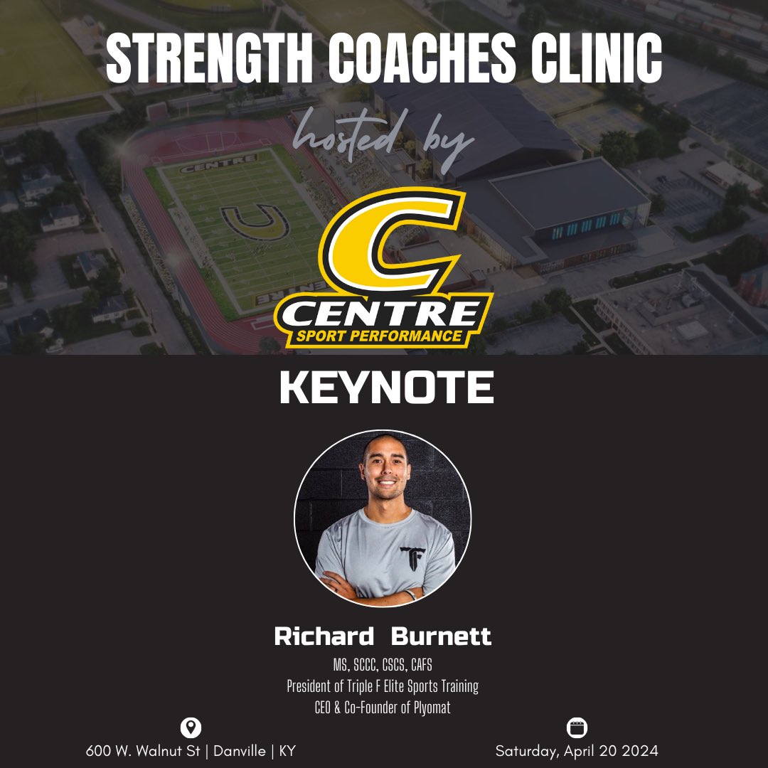 Keynote speaker at this year’s Strength Coaches Clinic hosted by Centre Sport Performance, Coach Richard Burnett (@CoachRichB). Sign-Up Link: docs.google.com/forms/d/e/1FAI… Coach is the President of Triple F Sports Training, located in Knoxville, TN. He is also the Owner and…
