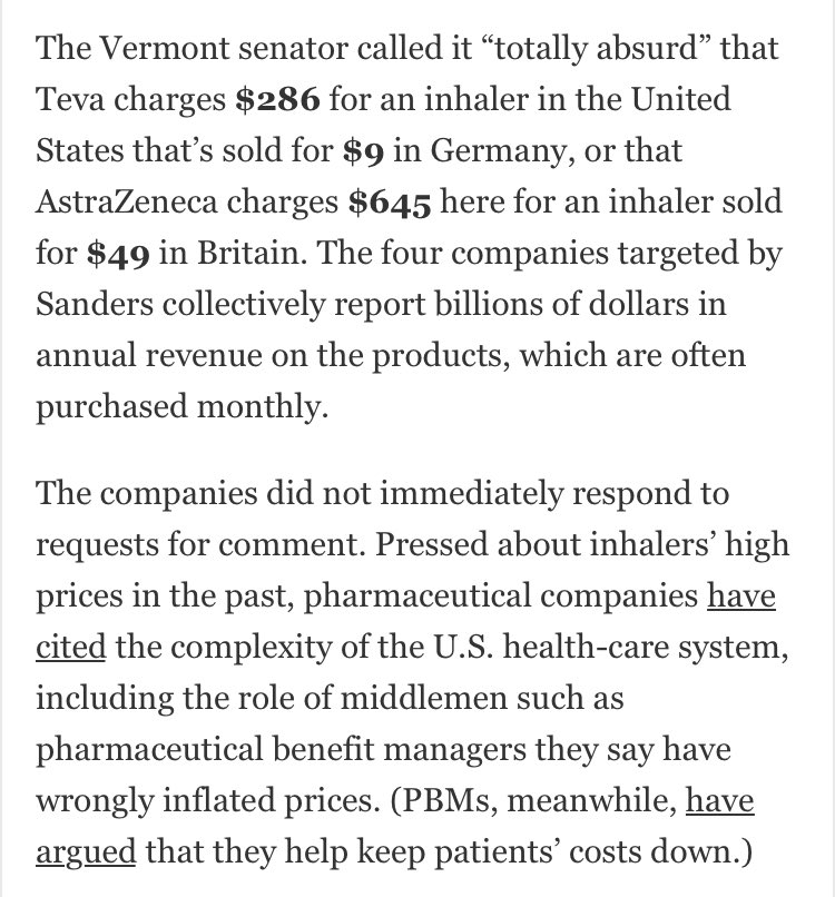 Sanders and colleagues on Sunday sent letters to the largest manufacturers of inhalers in the U.S., demanding info on products + patents. One of those letters: sanders.senate.gov/wp-content/upl… Pharma companies have often said complexity of U.S. health system is to blame for high prices.