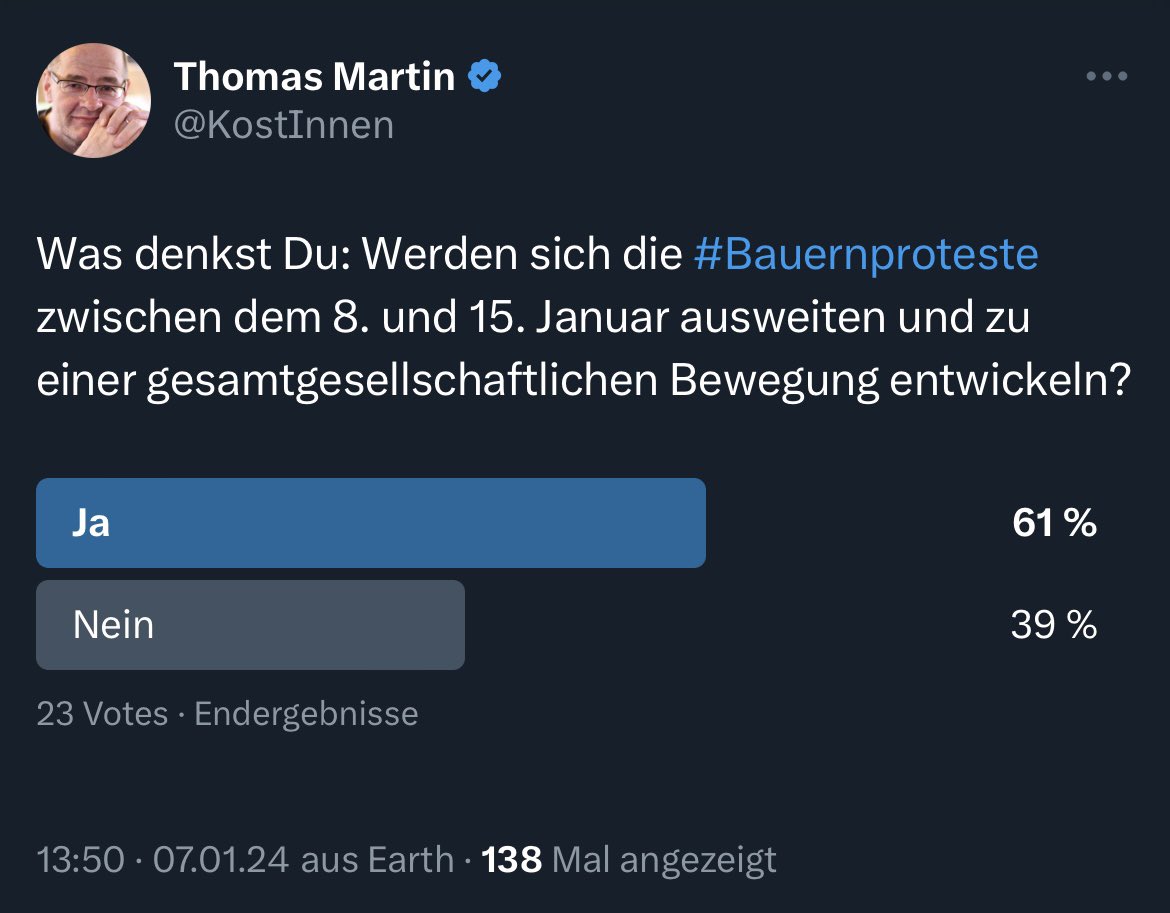 KostInnen's tweet image. Zweimal „ja“, einmal „nein“ und einmal „friedlich“.
Die Ergebnisse meiner letzten 4 Umfragen zu den gegenwärtigen #Bauernprotesten unter Twitter-Shodowban-Bedingungen.