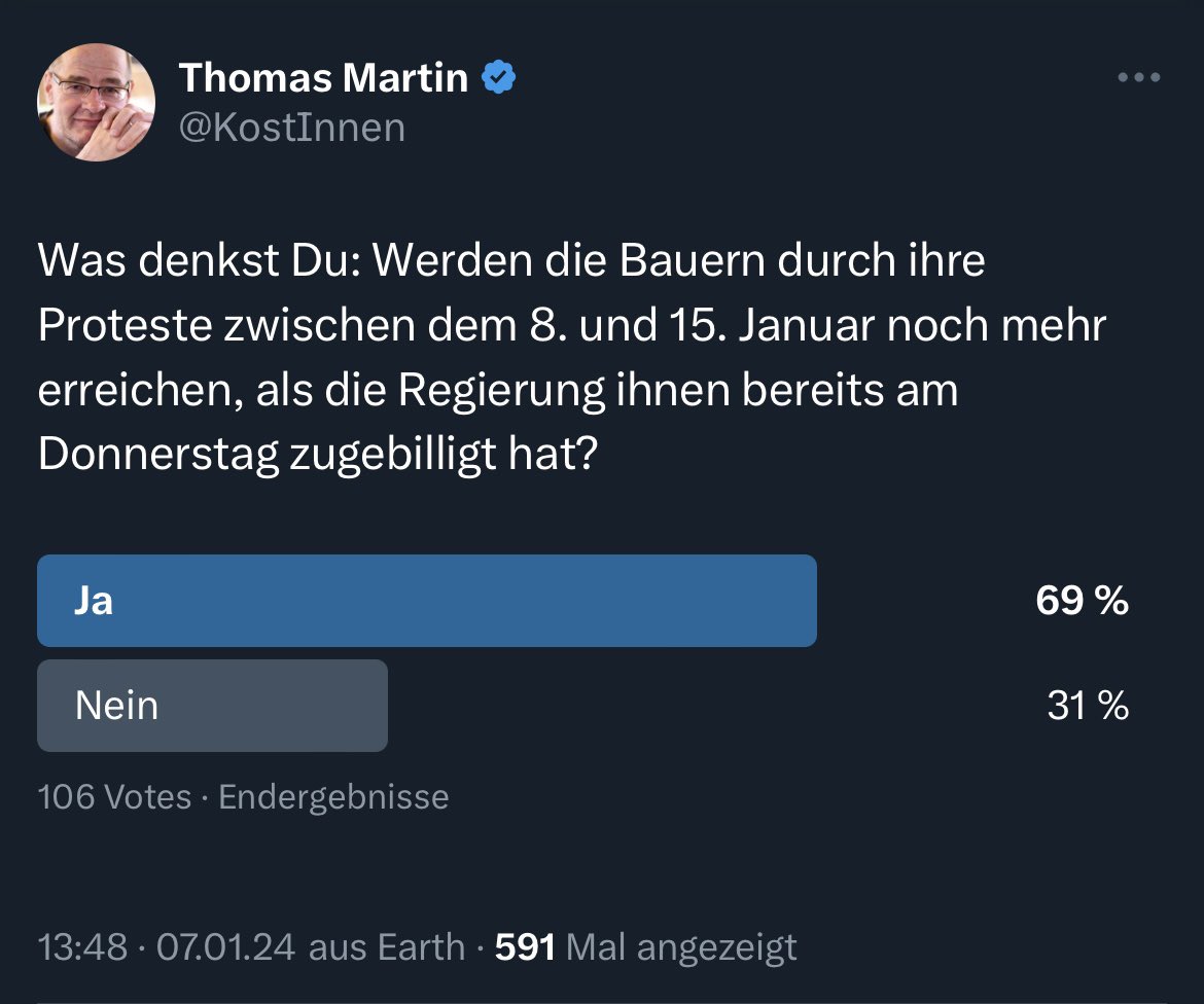 KostInnen's tweet image. Zweimal „ja“, einmal „nein“ und einmal „friedlich“.
Die Ergebnisse meiner letzten 4 Umfragen zu den gegenwärtigen #Bauernprotesten unter Twitter-Shodowban-Bedingungen.