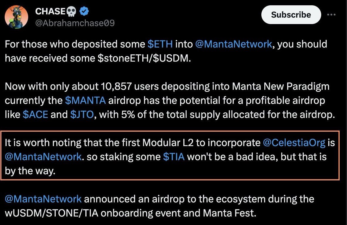 As predicted, @CelestiaOrg  $TIA stakers are up for another airdrop, this time a huge one from <a href="/MantaNetwork/">Manta Network (🔱,🔱)</a>  $MANTA

This, I believe, should come after the airdrop for the New Paradigm Users, as we have no official statement yet and no idea the date of snapshot.

<a href="/MantaNetwork/">Manta Network (🔱,🔱)</a>