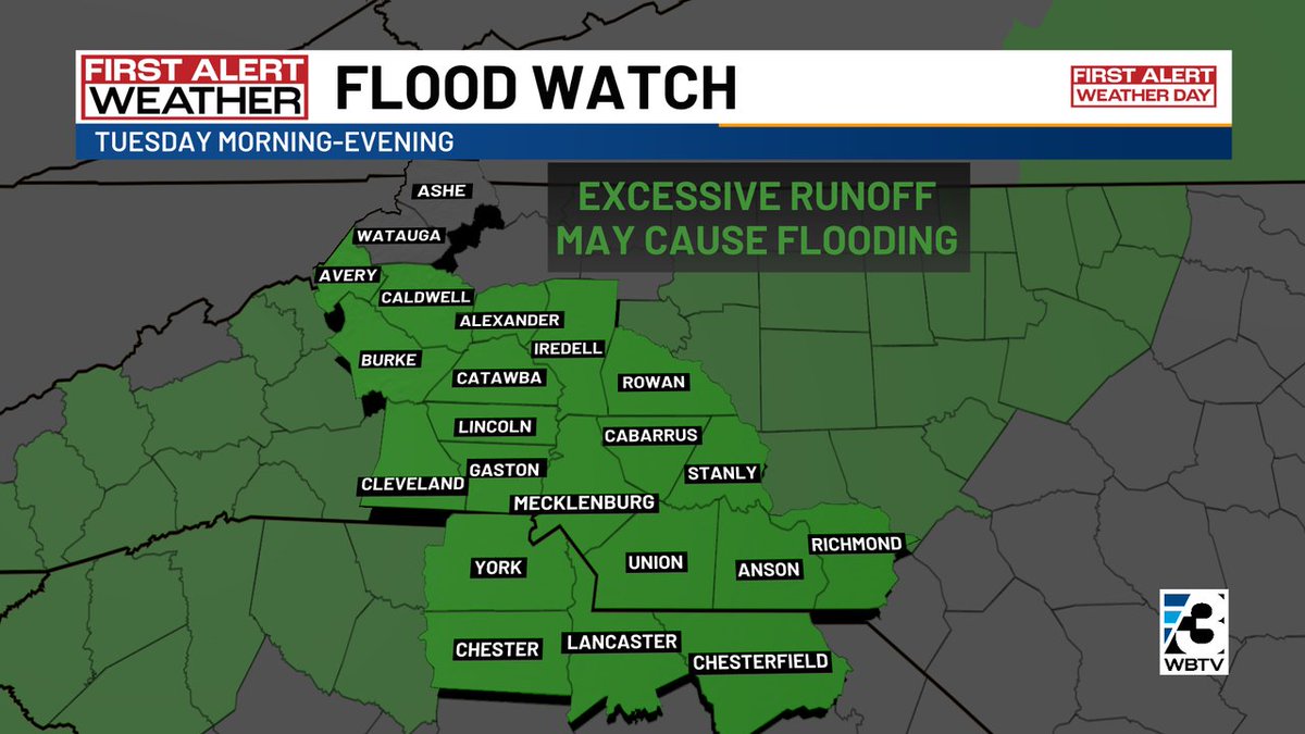 Coulter_wx's tweet photo. UPDATE (Part 2): Our Flood Watch now includes the entire viewing area (excluding Watauga and Ashe Counties) #cltwx #ncwx #scwx https://t.co/zthFCFzrLB