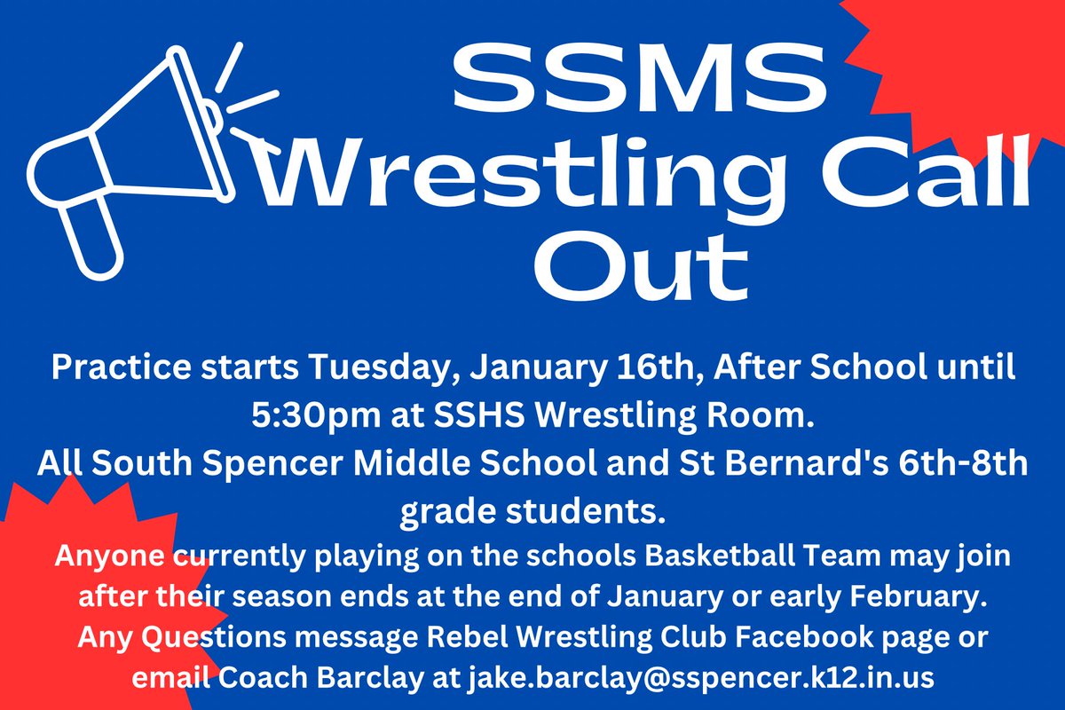 Middle School Practices Start next Tuesday, January 16th. 
Let’s Go Rebels!!!🔵⚪️🤼‍♂️💪