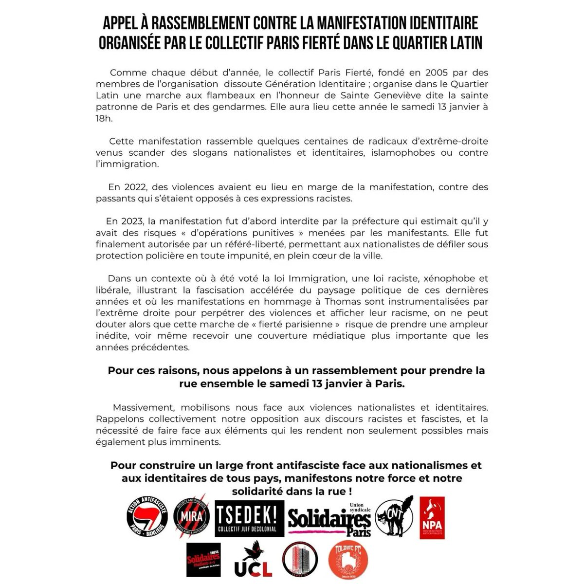 🔻APPEL À RASSEMBLEMENT CONTRE LA MANIFESTATION IDENTITAIRE ORGANISÉE PAR LE COLLECTIF PARIS FIERTÉ DANS LE QUARTIER LATIN.

#ParisAntifa #AutodefensePopulaire