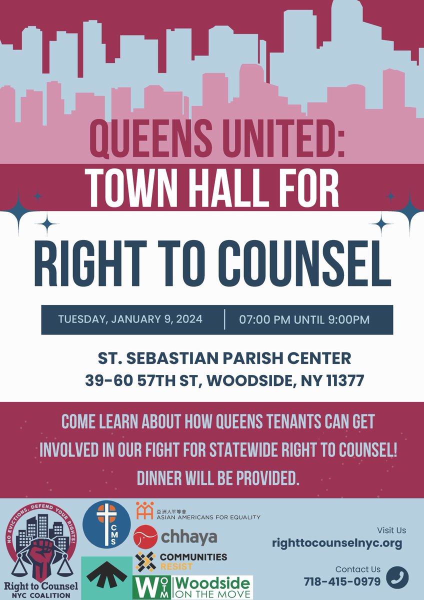 CMSBQ's tweet photo. Tmrw, join us for a Queens United: Town Hall for #RighttoCounsel

📍 St. Sebastian Parish Center located at 39-60 57th Street, Woodside, NY

🚀 Come learn about how Queens can get involved in our fight for #StatewideRightToCounsel

#DefendRTC #RTCNYC #CMSBQ https://t.co/Qo83IfAVaX