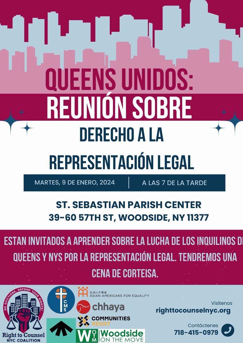 CMSBQ's tweet photo. Tmrw, join us for a Queens United: Town Hall for #RighttoCounsel

📍 St. Sebastian Parish Center located at 39-60 57th Street, Woodside, NY

🚀 Come learn about how Queens can get involved in our fight for #StatewideRightToCounsel

#DefendRTC #RTCNYC #CMSBQ https://t.co/Qo83IfAVaX
