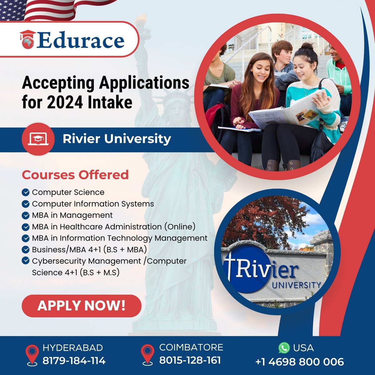Study in the USA - We're Now Accepting Applications for the Summer 2024 intake at Rivier University.

#eduraceservices #Intake2024 #summer2024 #studyinusa #usa #usaeducationconsultants #Hyderabad #usauniversities #mba #rivieruniversity #msinusa #masters #studyabroad