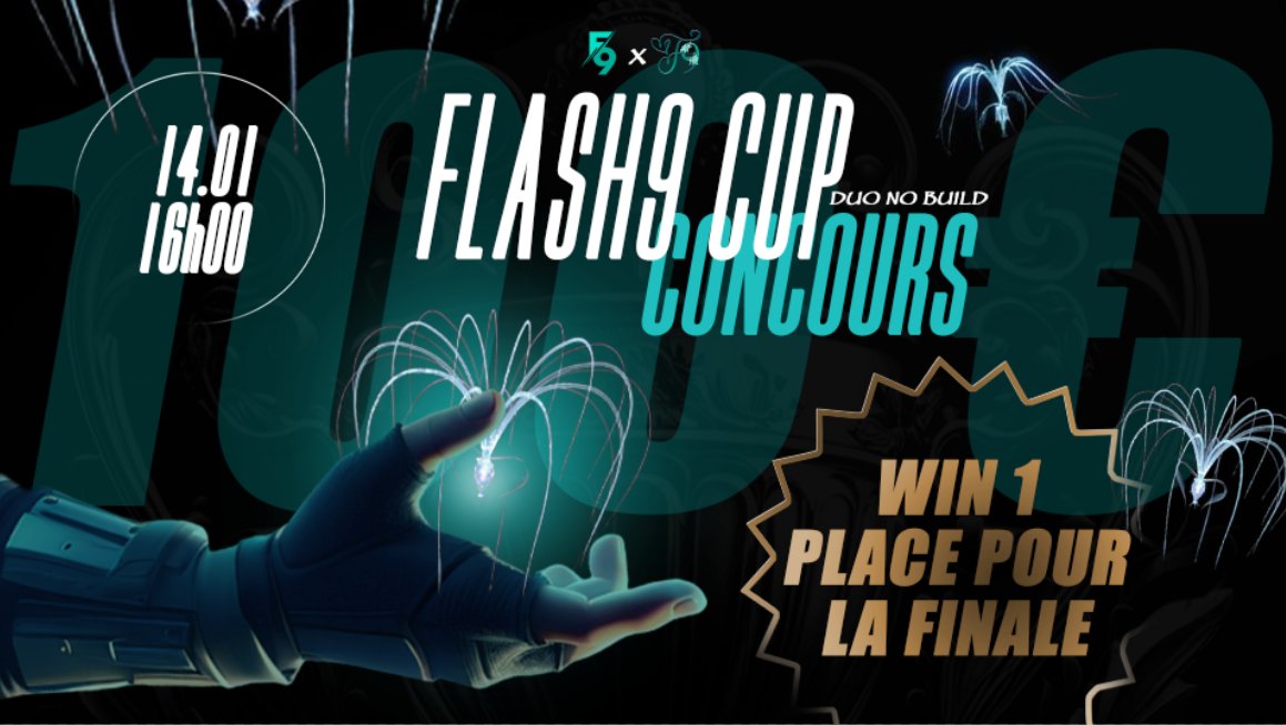 Gagne ta place pour la finale de la Flash9 Cup de ce dimanche 14/01 à 16h avec un cashprize de 100€ !🎁

Pour participer : 
❤️Follow <a href="/Flash9Esport/">Flash 9</a> &amp; <a href="/fantazy_09/">Fantazy_09</a> 
🔁RT
💬Tag un pote

Bonne chance à vous !🎉
TAS : 12/01 (en live sur la chaine de fantazy)